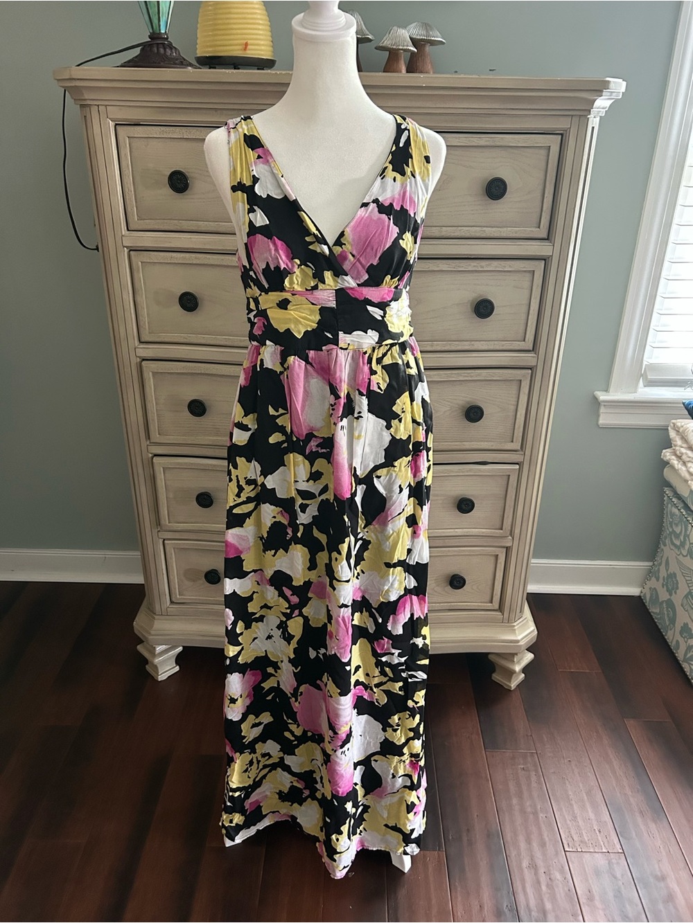 Old Navy Black Maxi Dress with Pink & Yellow Floral Print